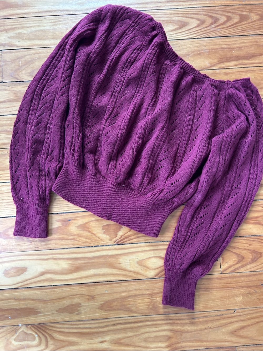 Off-Shoulder Pointelle Knit Sweater - maroon